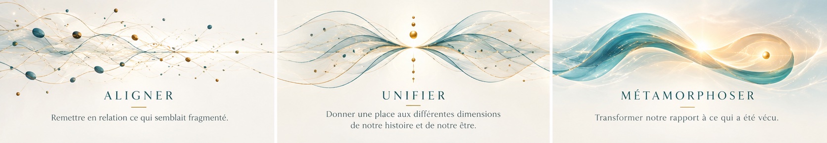 Triptyque Aligner, Unifier et Métamorphoser : des éléments dispersés se relient, s’unissent et deviennent une onde lumineuse