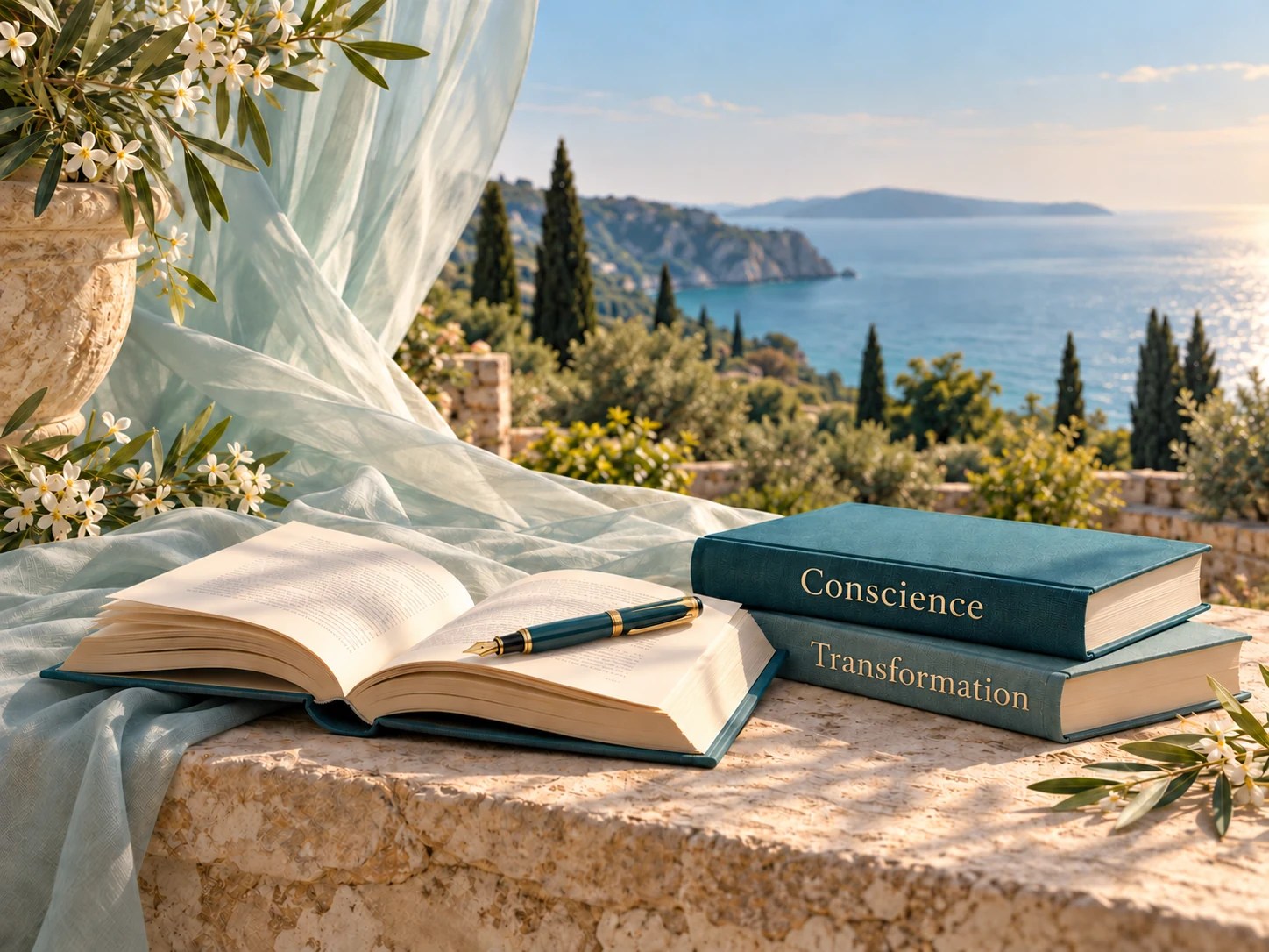 Livres Conscience et Transformation avec livre ouvert et stylo