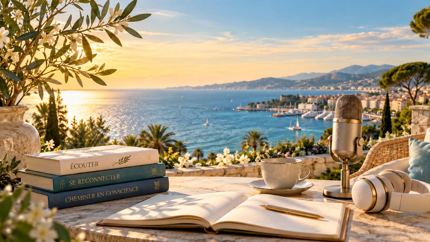 Livres et espace de contemplation face à la baie de Cannes