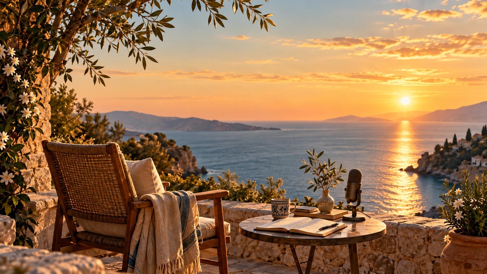 Fauteuil, carnet et microphone sur une terrasse face à la Méditerranée au coucher du soleil, sans texte